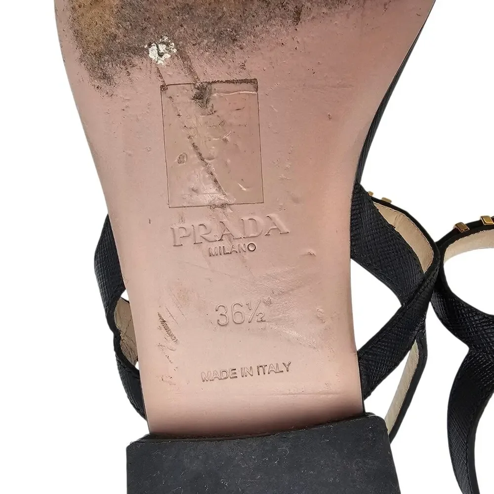 Prada Logo Black Leather Flat Ankle Strap Sandal Gold Buckle Size 36.5 6.5